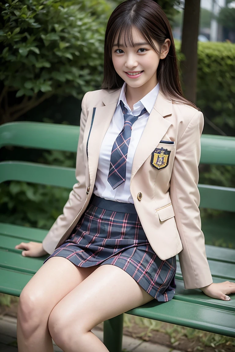 (8K), (highest quality: 1.2), (Realistic), (Realistic: 1.37), Ultra-high resolution, 1 girl, cute, (Embarrassed smile:1.2), (Blushing:1.4),Mouth closed, Beautiful details, Beautiful Nose, Wet Hair,bangs, giant dulcefo, pork, Thighs,Navel exposed,University Student Uniform,A simple blazer,Pleated skirt,(The skirt and tie are tartan check pattern.:1.3),Platform boots, (sitting on a park bench:1.2),(Shiny Thighs:1.2), medium shot