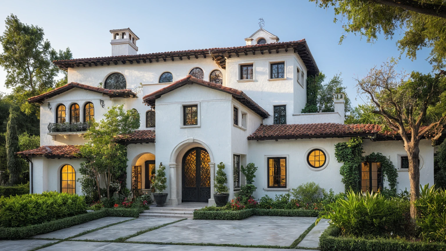 (RAW photo, masterpiece, best quality,ultra-detailed, extremely delicate and beautiful, highresolution, best shadow:1.1), A Mediterranean Italian style home with white stucco walls, black accents and windows, large front yard, vivid color, beautiful shrubs and flower, tropical tree and plants, professional photography in the style of an Italian classic home.