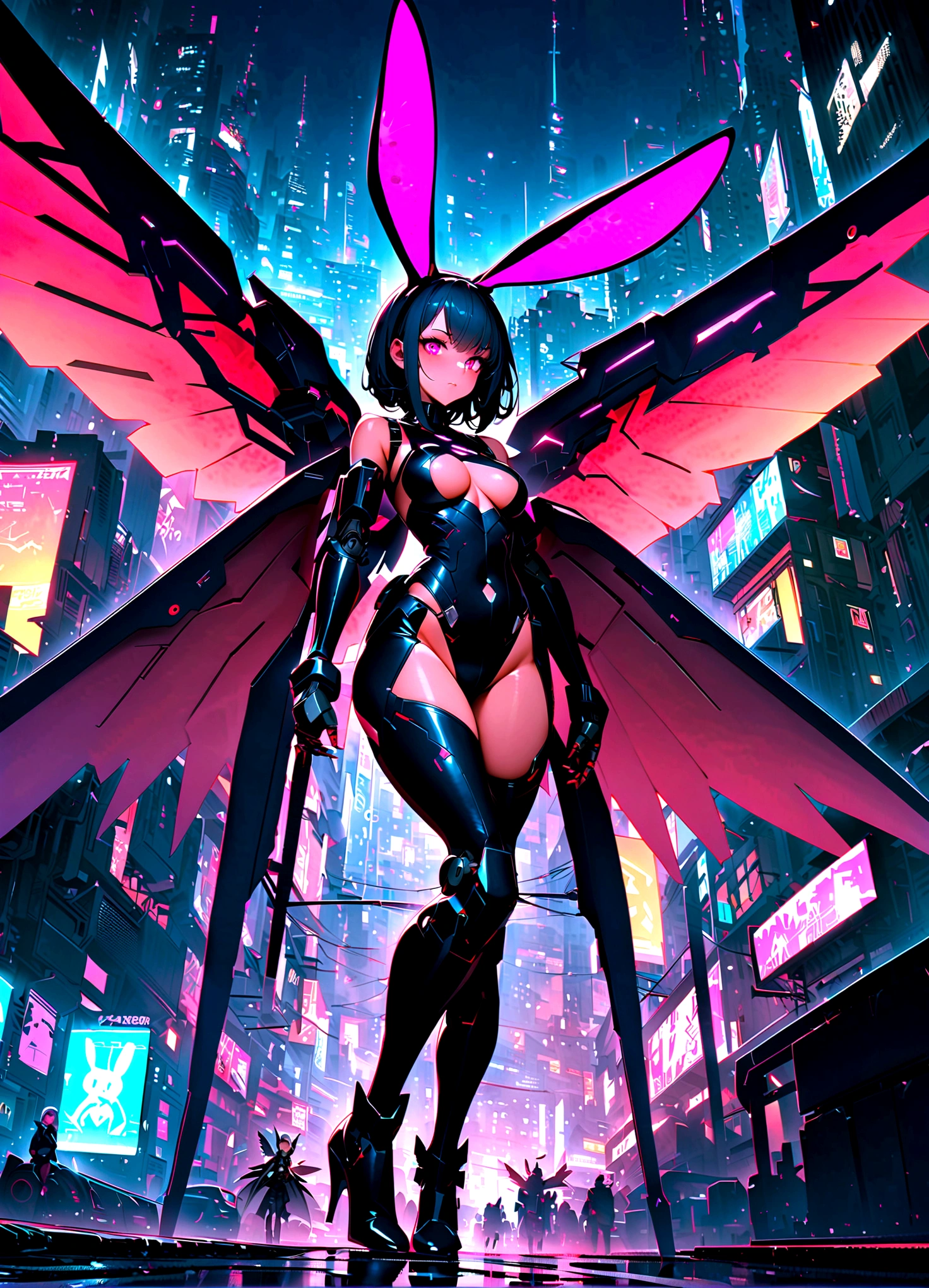 [Cyberpunk,Girl,The center of the picture,frontage，Mechanical,Metallic,robotic limb,high-heels，(Huge wings),(Rabbit ears)],Futuristic city landscape,nigth,Suspended in the street，Science fiction elements,urban chic,