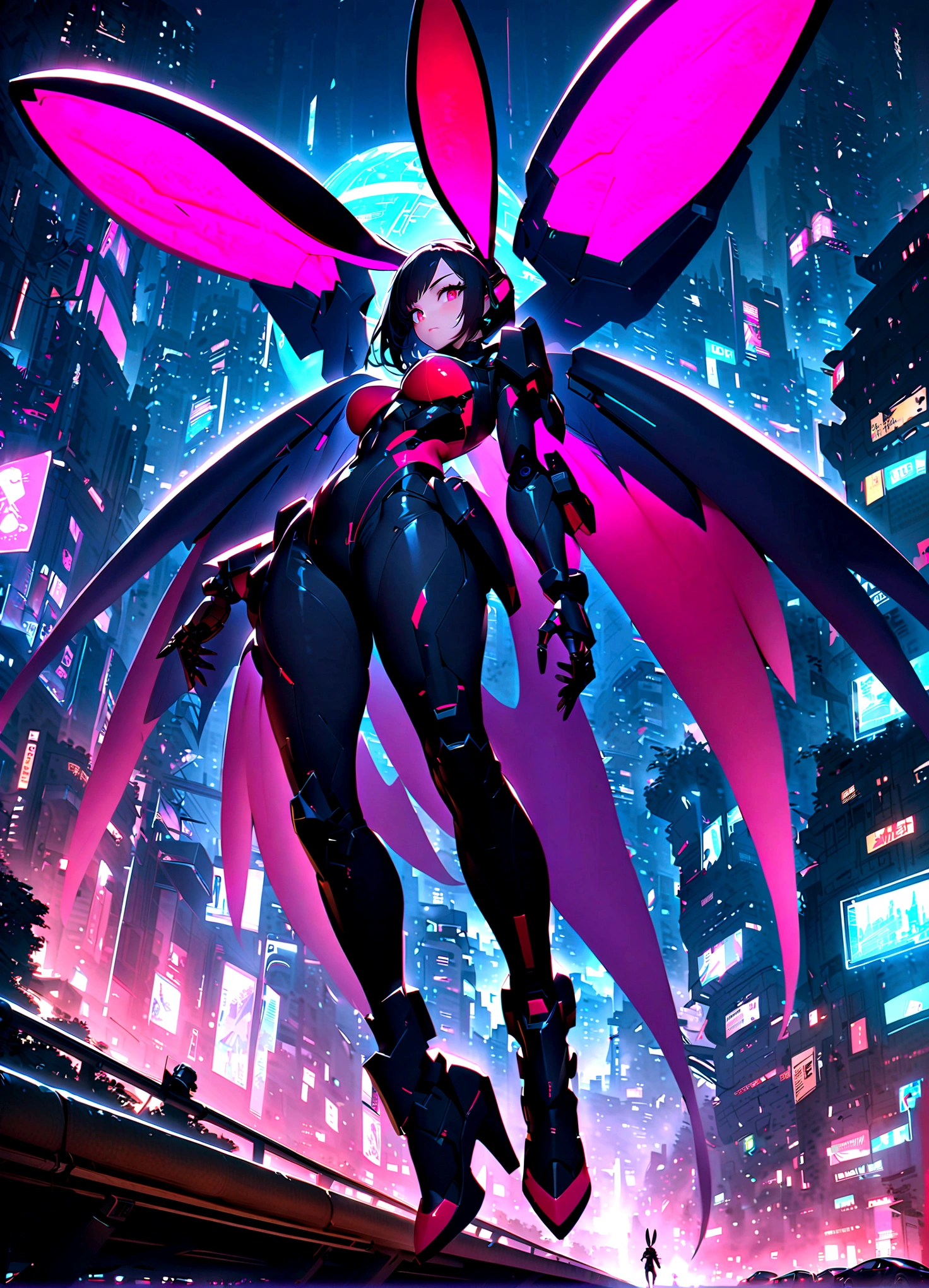 [Cyberpunk,Girl,The center of the picture,frontage，Mechanical,Metallic,robotic limb,high-heels，(Huge wings),(Rabbit ears)],Futuristic city landscape,nigth,Suspended in the street，Science fiction elements,urban chic,