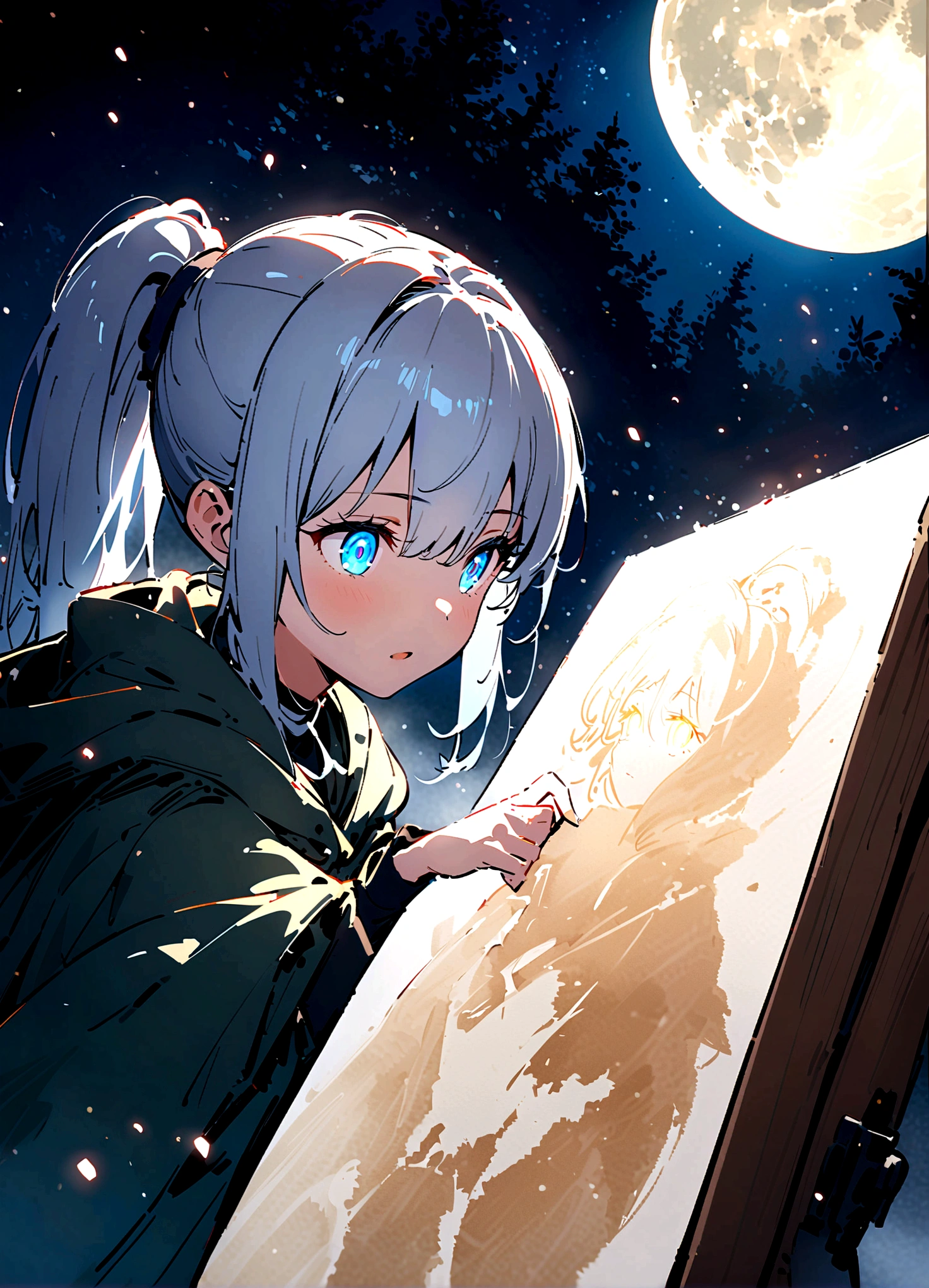 Masterpiece, (Best quality: 1.2), (Super fine: 1.2), illustration, (Extremely delicate and beautiful: 1.2), Film angle, Floating, (beatiful detailed eyes: 1.1), (Detail light: 1.1), film lights, Exquisite sky, woman, White hair, Blue eyes, (High ponytail: 1.1), Cloak, Glowing eyes, (Moon: 1.2), (Moonlight: 1.1), Starry sky, (Light particles: 1.1), Heavy fog , Snow painting, sketching, full bloom