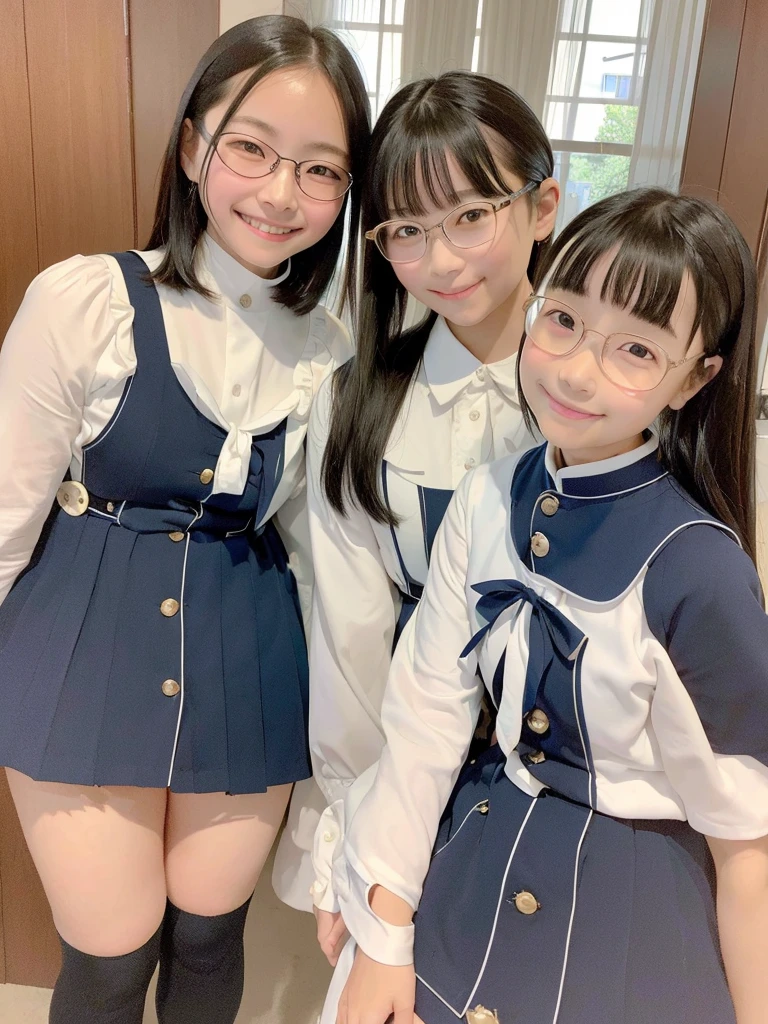 Highest quality、masterpiece、8K、Very detailed、Realistic、(Two Girls)、(Looking at me with a smile:1.5)、whole body、Small face、 little chubby:1.1)、Glasses、One-piece dress with buttons and collar、Braid、 uniform、Erect nipples