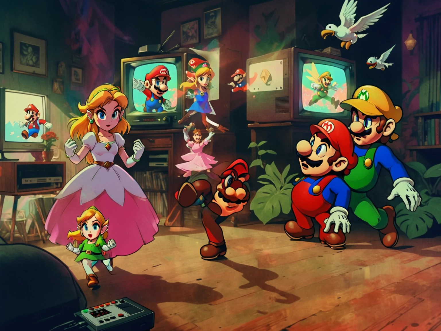 1990's animated tv show screengrab, Legend of Zelda crossover Mario Bros. , VHS, glitch, distorted, nostalgia, 90's retro vibes, analog tape, vcr aesthetics, tv, television, comic 1990's, animated tv show screengrab, Zelda and Super Mario cast dancing stanky boogie, cinematic poster, image within image, multiple exposure, massive scale, rich color grading for shading depth, hand drawn rotoscope cartoon realism, chiaroscuro lighting, mixed media, vintage comic, retro original design, 1990's comic, sense of movement energy, taking flight, tropical rot, rewilding, (full roygbiv color) ink charcoal expressive illustration, Zelda and Mario aesthetics