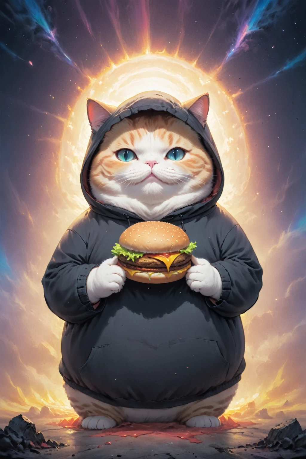 cosmic canvas,(dystopian background:1.3), flawless, clean, masterpiece, painting of a chubby cat, wearing hoodie, holding burger, light fog,