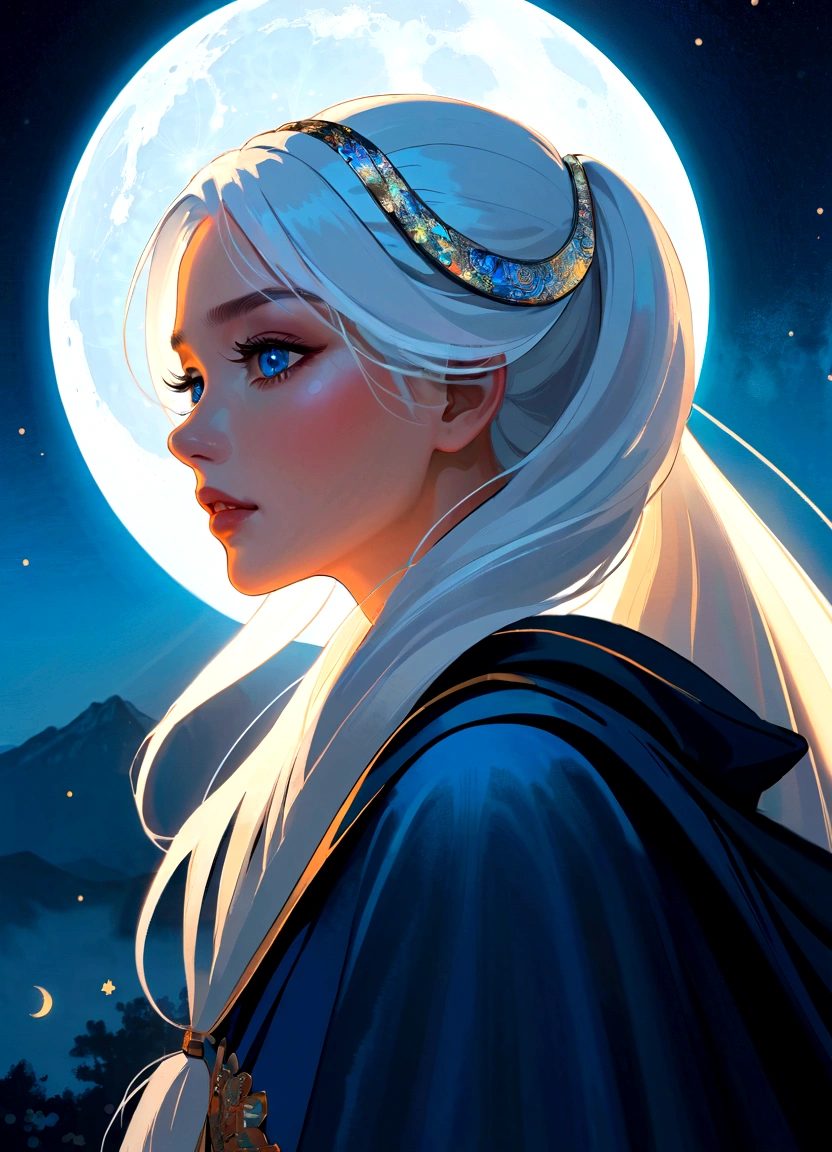 Masterpiece, (Best quality: 1.2), (Super fine: 1.2), illustration, (Extremely delicate and beautiful: 1.2), Film angle, Floating, (beatiful detailed eyes: 1.1), (Detail light: 1.1), film lights, Exquisite sky, woman, White hair, Blue eyes, (High ponytail: 1.1), Cloak, Glowing eyes, (Moon: 1.2), (Moonlight: 1.1), Starry sky, (Light particles: 1.1), Heavy fog , Snow painting, sketching, full bloom