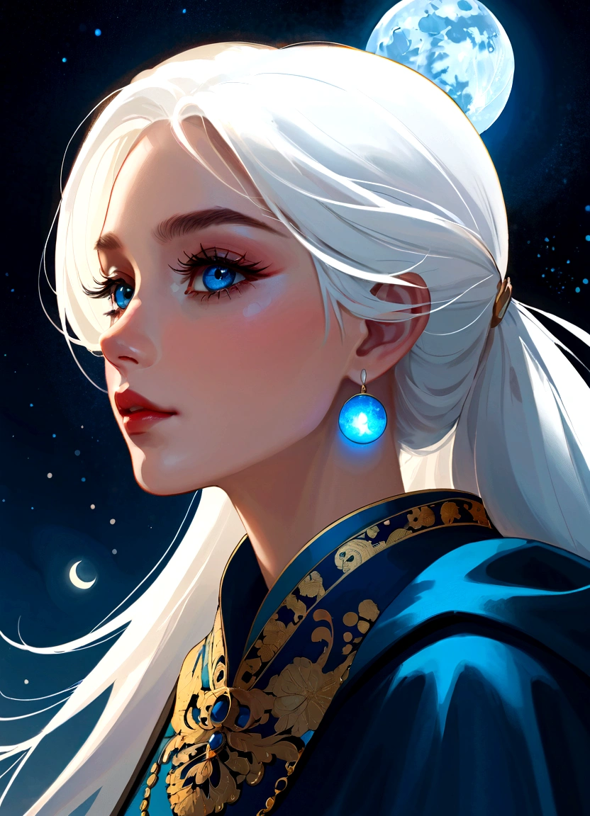 Masterpiece, (Best quality: 1.2), (Super fine: 1.2), illustration, (Extremely delicate and beautiful: 1.2), Film angle, Floating, (beatiful detailed eyes: 1.1), (Detail light: 1.1), film lights, Exquisite sky, woman, White hair, Blue eyes, (High ponytail: 1.1), Cloak, Glowing eyes, (Moon: 1.2), (Moonlight: 1.1), Starry sky, (Light particles: 1.1), Heavy fog , Snow painting, sketching, full bloom