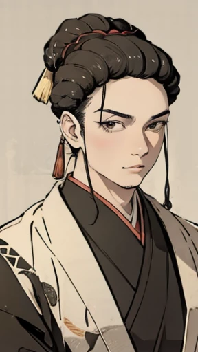 Oriental、Man in simple ancient Chinese costume、ancient chinese hairstyle male、Highest quality、masterpiece、Ultra-high resolution、(Realistic:1.4)、Game Poster、Crisp and beautiful image quality,Embroidered cloth wrapped around a topknot、Feather fan、Black clothes、