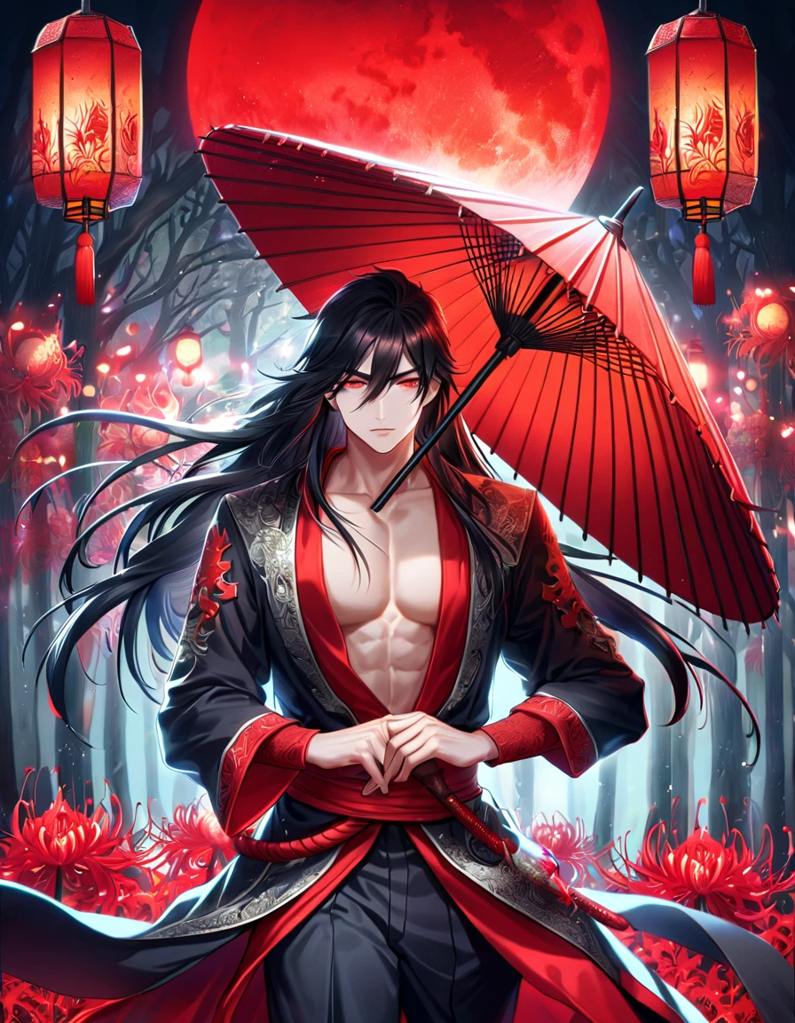 absurdres, highres, ultra detailed, HDR, master piece, best quality, extremely detailed face, delicated features, Xue Yu, untamed spiky hair, black hair, long hair, hair between the eyes, expressive red eyes, Thousand Years War, solo, sexy man, holding a red paper umbrella in his right hand, handsome, toned chest, black haori, red fantasy robes, black pants, red moon, red blood, fantasy, magic, envy magical, forest, red spider lilies, red lanterns, red fire, red floating round lights