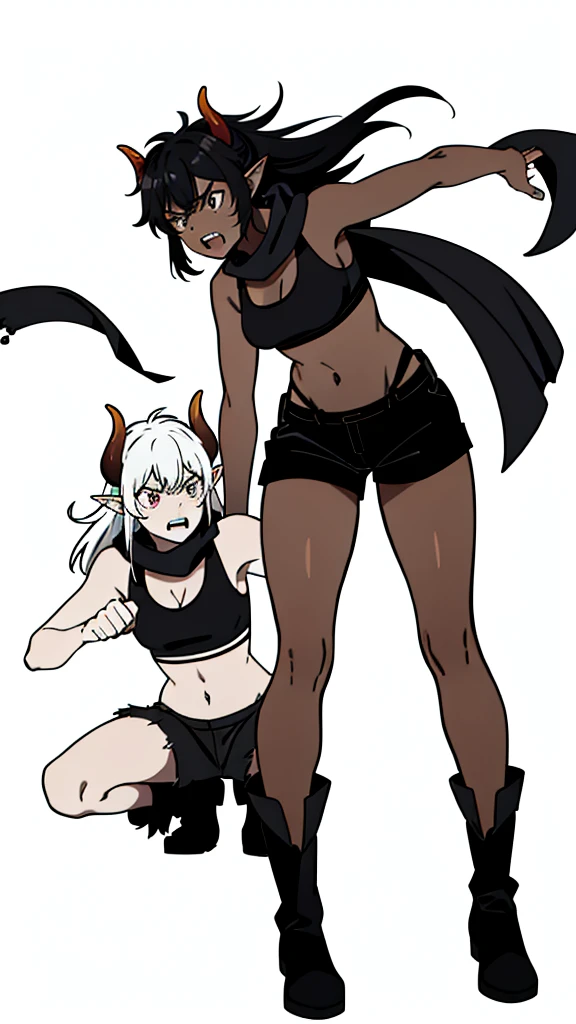 (1girl ,25s,adult,mature female),long hair, black hair,horns,elf ears,((black scarf)),cleavage,(((dark skin))),(black sports bra,black sports, shorts, midriff),leather boots,teeth,angry,knees slightly bent, punch,from front,