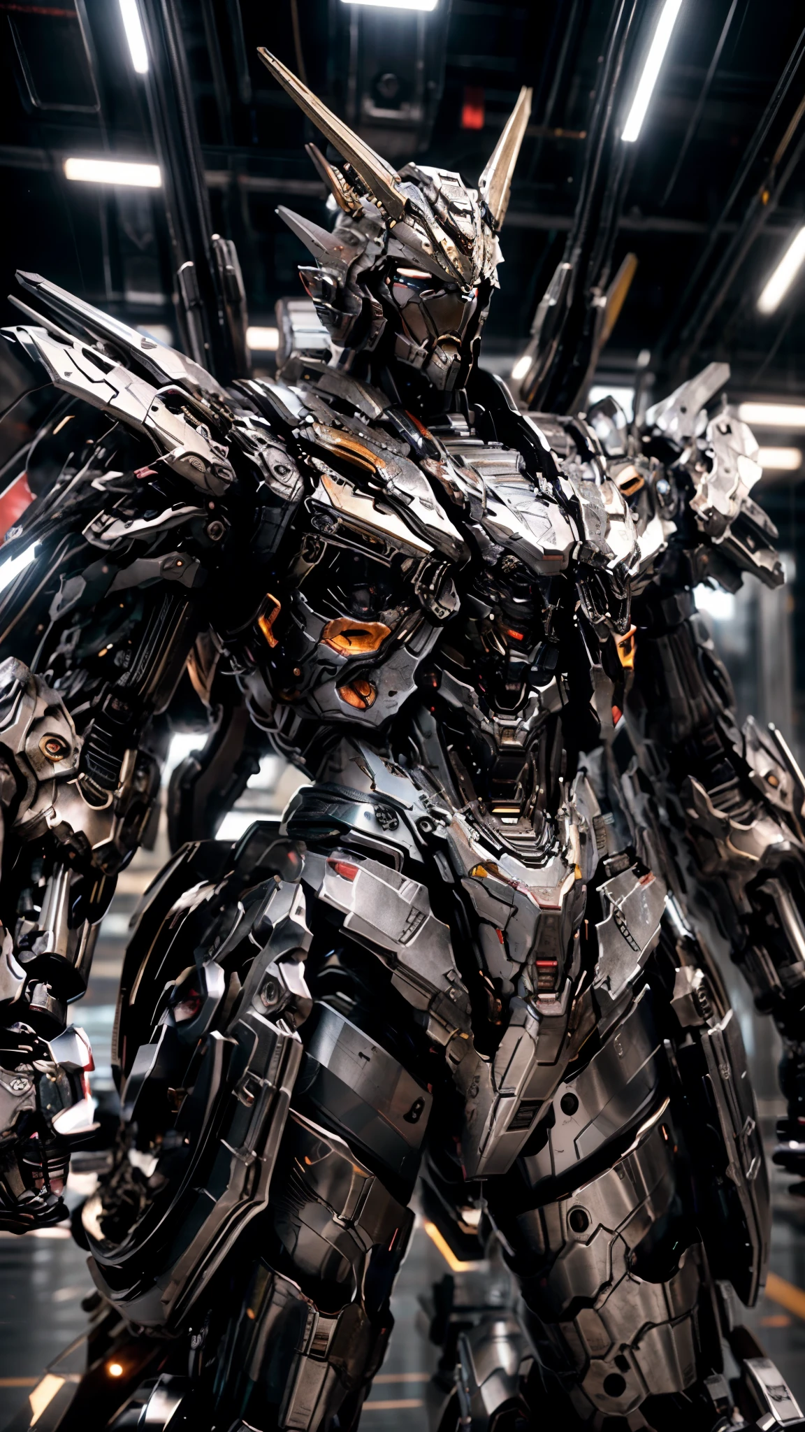 Barbatos gundam frame, facing forward with a flying pose, highly detailed mecha, intricate machinery, industrial aesthetic, sleek and streamlined design, metallic textures, futuristic technology, dynamic pose, dramatic lighting, muted color palette, cinematic atmosphere, (best quality,4k,8k,highres,masterpiece:1.2),ultra-detailed,(realistic,photorealistic,photo-realistic:1.37),concept art, digital painting
