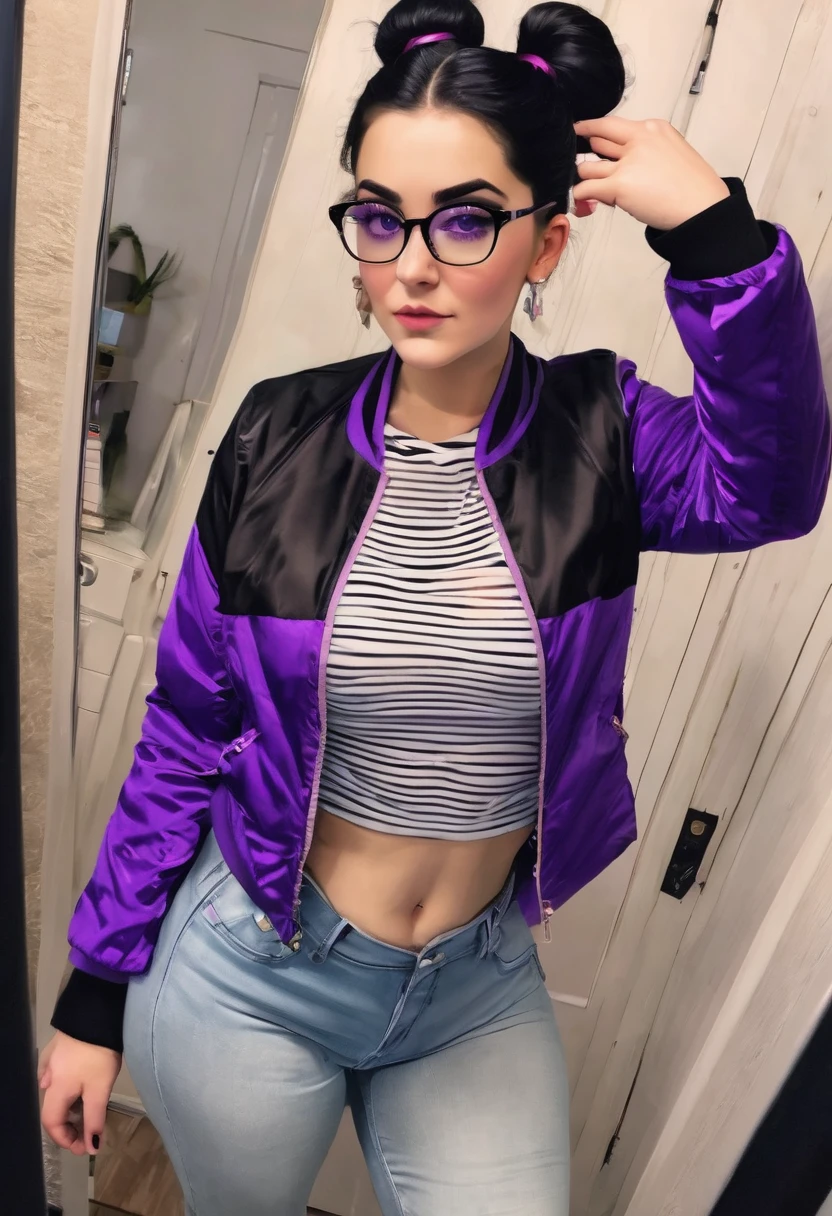 white girl a little chubby, culona, wide legs, waist a little big, with purple readings, a black and white jacket, short black hair with bun and oval glasses, taking a selfie of their entire body in the mirror