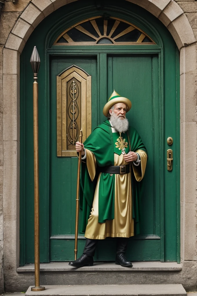 A Saint Patrick's leprechaun playing the trumpet