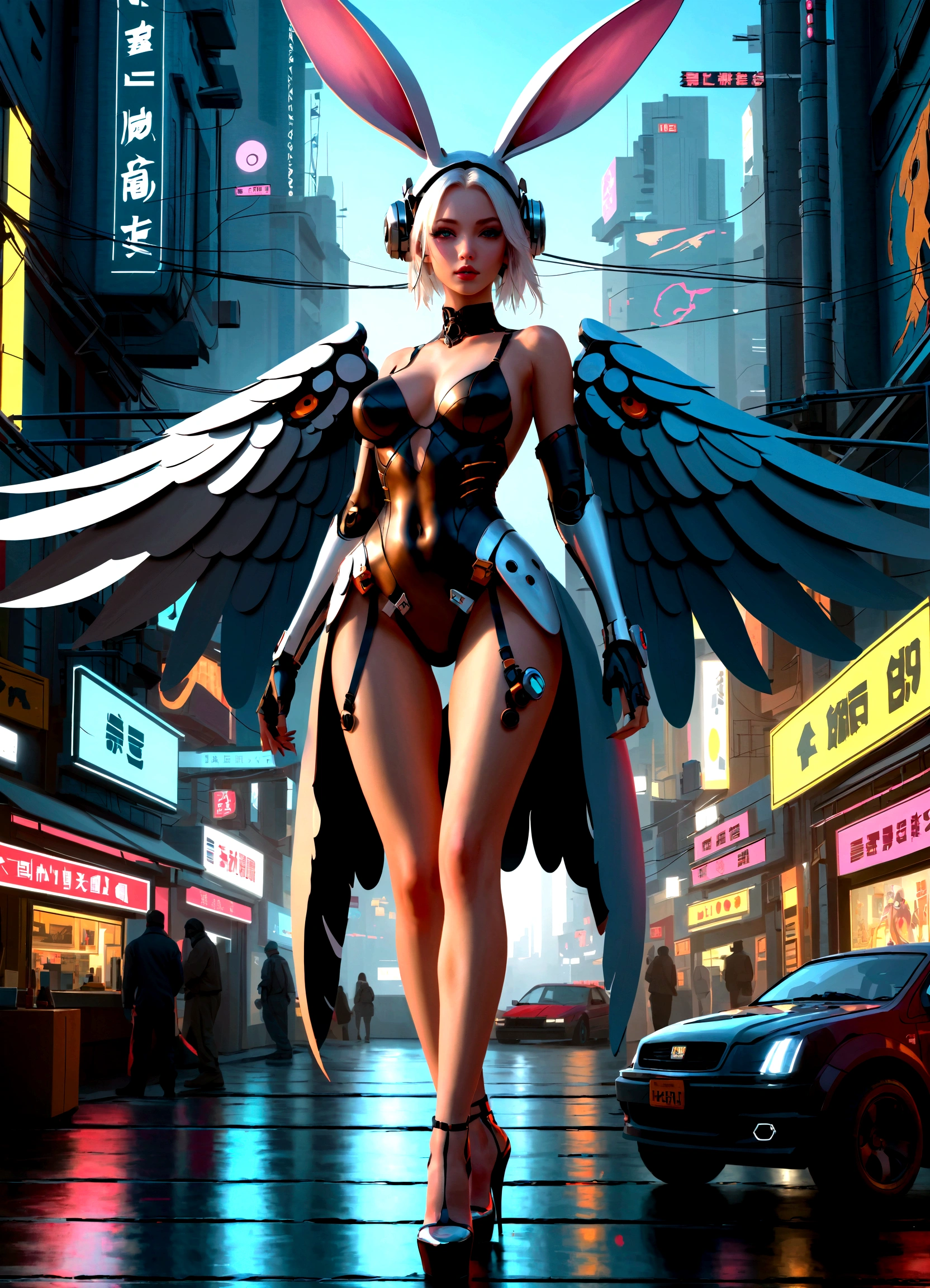 (Best quality,4K,8K,A high resolution,Masterpiece:1.2),Ultra-detailed,(Realistic,Photorealistic,photo-realistic:1.37),[Cyberpunk,Girl,The center of the picture,frontage，Mechanical,Metallic,robotic limb,high-heels，(Huge wings),(Rabbit ears)],Futuristic city landscape,nigth,Suspended in the street，Science fiction elements,urban chic,