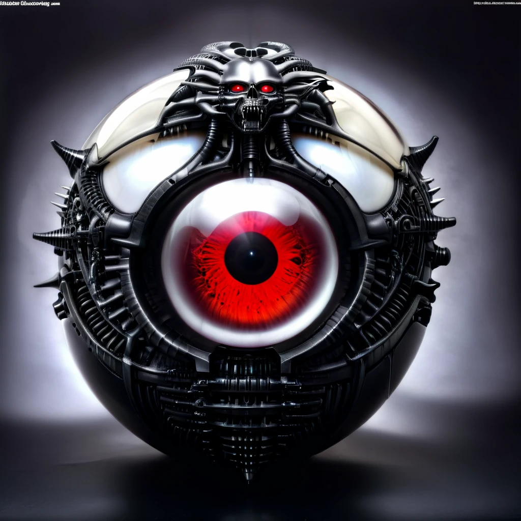 a pure black and opal mechanical orb, giger style, blackcarvingcd_xl , blood red eye aura, spikes,