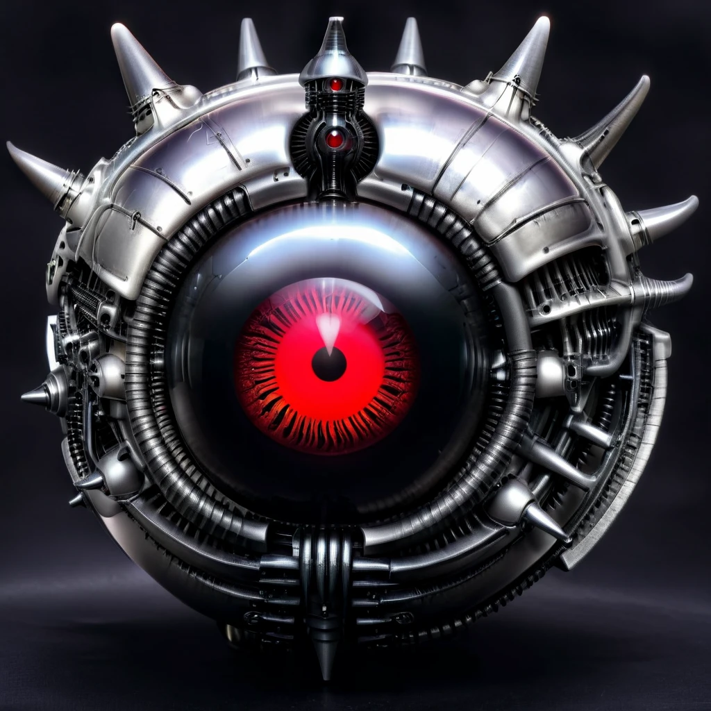 a pure black and opal mechanical orb, giger style, blackcarvingcd_xl , blood red eye aura, spikes,