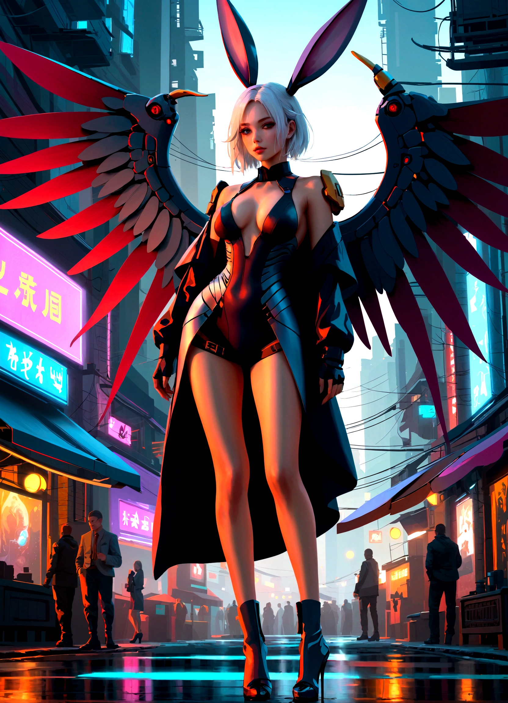 (Best quality,4K,8K,A high resolution,Masterpiece:1.2),Ultra-detailed,(Realistic,Photorealistic,photo-realistic:1.37),[Cyberpunk,Girl,The center of the picture,frontage，Mechanical,Metallic,robotic limb,high-heels，(Huge wings),(Rabbit ears)],Futuristic city landscape,nigth,Suspended in the street，Science fiction elements,urban chic,