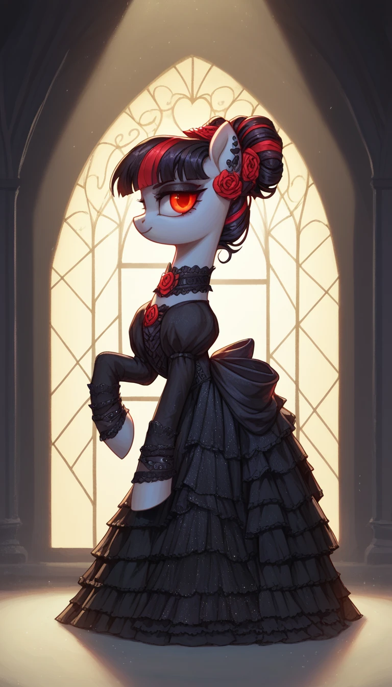 score_9,score_8_up,score_7_up,score_6_up, female, Gothic pony, lolita fashion, glowing backlight, fashion show, catealk scene, glitter, whimsical, enchanted, magical, fantasy art concept, intricate details,