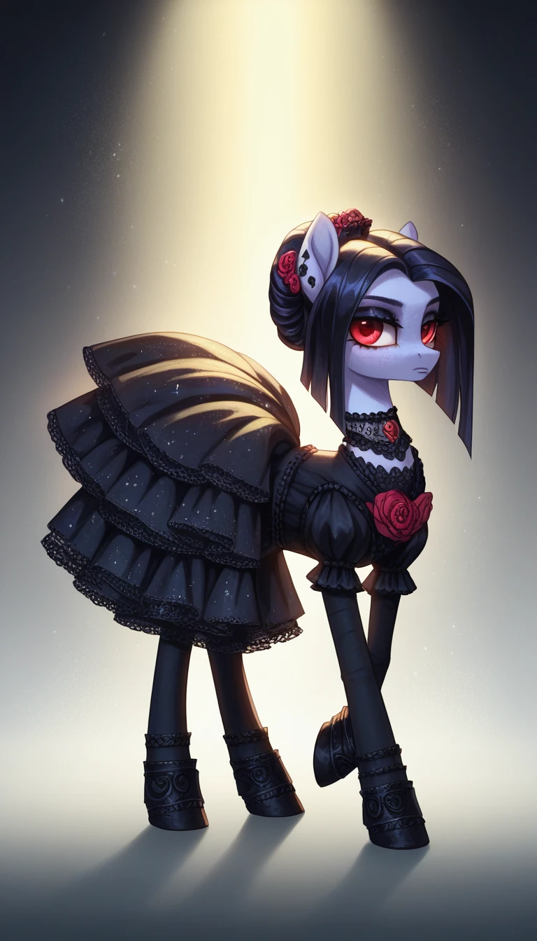 score_9,score_8_up,score_7_up,score_6_up, female, Gothic pony, lolita fashion, glowing backlight, fashion show, catealk scene, glitter, whimsical, enchanted, magical, fantasy art concept, intricate details,