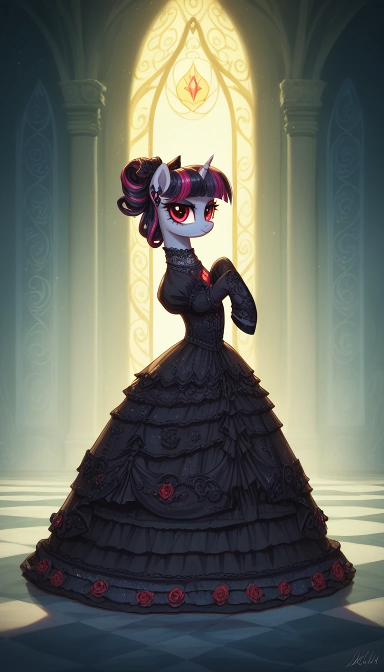 score_9,score_8_up,score_7_up,score_6_up, female, Gothic pony, lolita fashion, glowing backlight, fashion show, catealk scene, glitter, whimsical, enchanted, magical, fantasy art concept, intricate details,