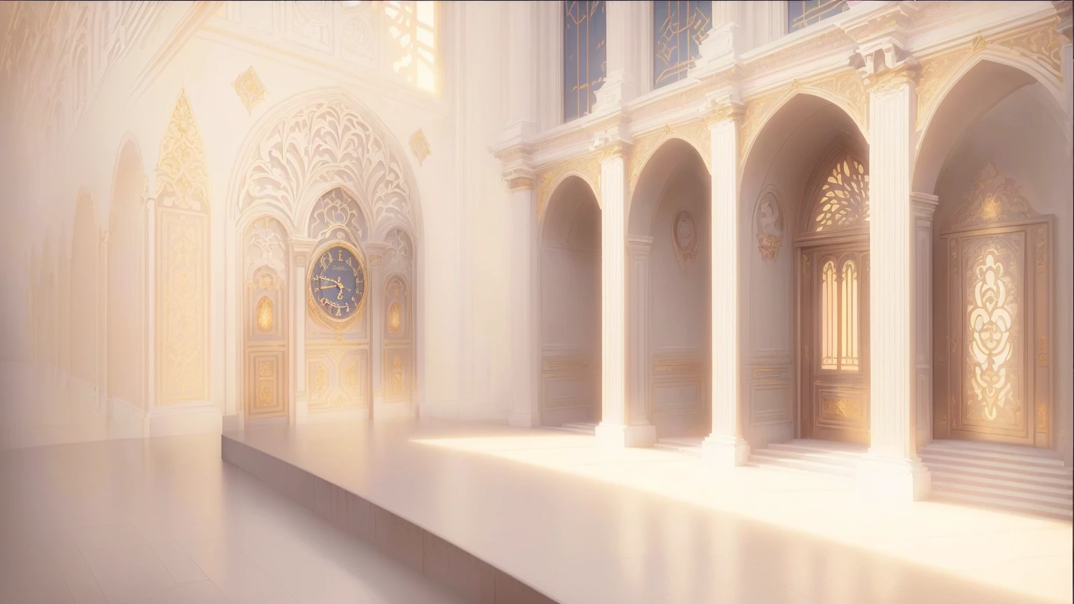 there is a picture of a building with a clock on the wall, palace background, interior background art, anime scenery concept art, anime background art, art nouveau environment, background art deco palace, cathedral background, movie environment design, concept art scene, random background scene, inspired by Alexandre Cabanel, dramatic lighting. concept art, baroque environment, environment and concept art