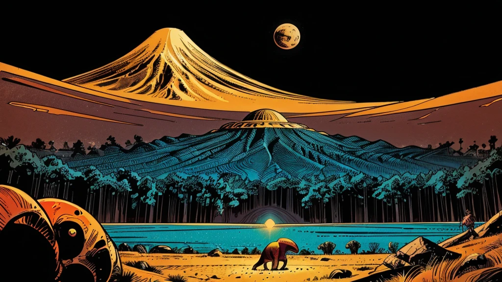 Use this prompt to create an image in the style of 1950s-70s comic book art. Use bold outlines, halftone patterns. Employ intense, saturated colors reminiscent of vintage four-color printing. Maintain a psychedelic, otherworldly atmosphere with swirling, colorful skies and strange celestial bodies. Emphasize the contrast between light and shadow to create a dramatic, pulp sci-fi feel. Create an image of: dinosaurs!