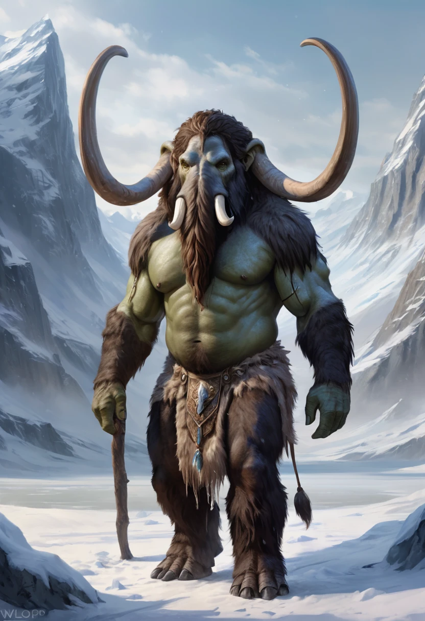 Humanoid creature that looks like a cross between a half-orc and a woolly mammoth. Wearing a loin cloth and standing in a frozen tundra. humanoid, fantasy art, Official art, award winning digital painting, digital illustration, extremely detailed, 4k, ultra hd, rococo, polished, intricate, realistic fantasy art, sharp focus, concept art, art by wlop, (2d vector illustration)