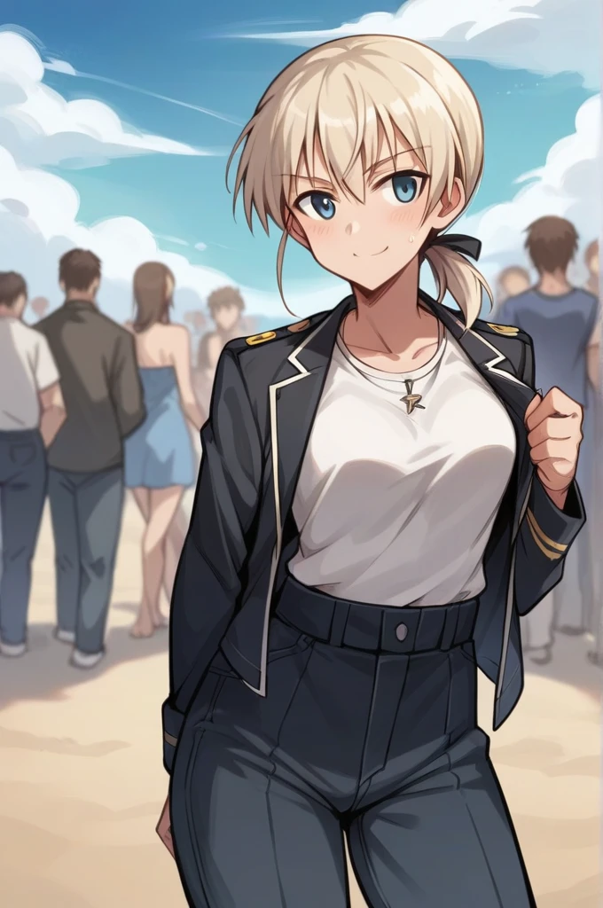 Master piece,best quality,official style,Strike Witches,FRANCESCA
LUCCHINI, Highly detailed, High resolution 16k close-up of human skin. Skin texture must be natural, With such detail that pores can be finely identified. Skin should look healthy,cowboy_shot, beach, crowd, light smile