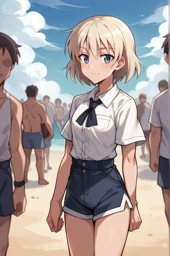 Master piece,best quality,official style,Strike Witches,FRANCESCA
LUCCHINI, Highly detailed, High resolution 16k close-up of human skin. Skin texture must be natural, With such detail that pores can be finely identified. Skin should look healthy,cowboy_shot, beach, crowd, light smile