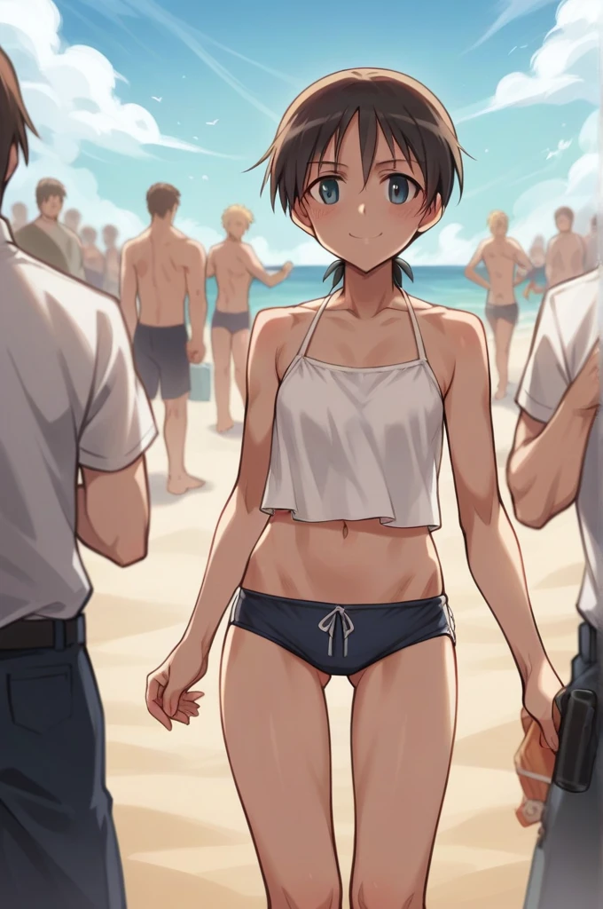 Master piece,best quality,official style,Strike Witches,FRANCESCA
LUCCHINI, Highly detailed, High resolution 16k close-up of human skin. Skin texture must be natural, With such detail that pores can be finely identified. Skin should look healthy,cowboy_shot, beach, crowd, light smile