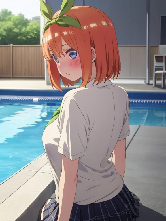 best quality, insanely detailed,yotsuba nakano, poolside background, breasts, blush, back style, look into the distance, school wear