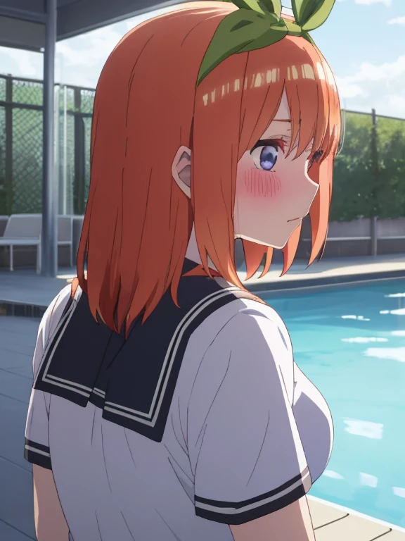 best quality, insanely detailed,yotsuba nakano, poolside background, breasts, blush, back style, look into the distance, school wear