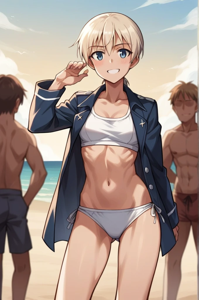 Master piece,best quality,official style,Strike Witches,FRANCESCA
LUCCHINI, Highly detailed, High resolution 16k close-up of human skin. Skin texture must be natural, With such detail that pores can be finely identified. Skin should look healthy,cowboy_shot, beach, crowd, light smile 