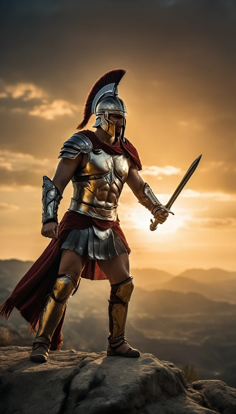 Create an image of a Spartan warrior standing on a cliff, with the sun setting behind him, battle atmosphere background, hyper realistic, ultra detailed hyper realistic, photorealistic, Studio Lighting, wearing a gold crown, reflections, dynamic pose, Cinematic, Color Grading, Photography, Shot on 50mm lens, Ultra-Wide Angle, Depth of Field, hyper-detailed, beautifully color, 8k