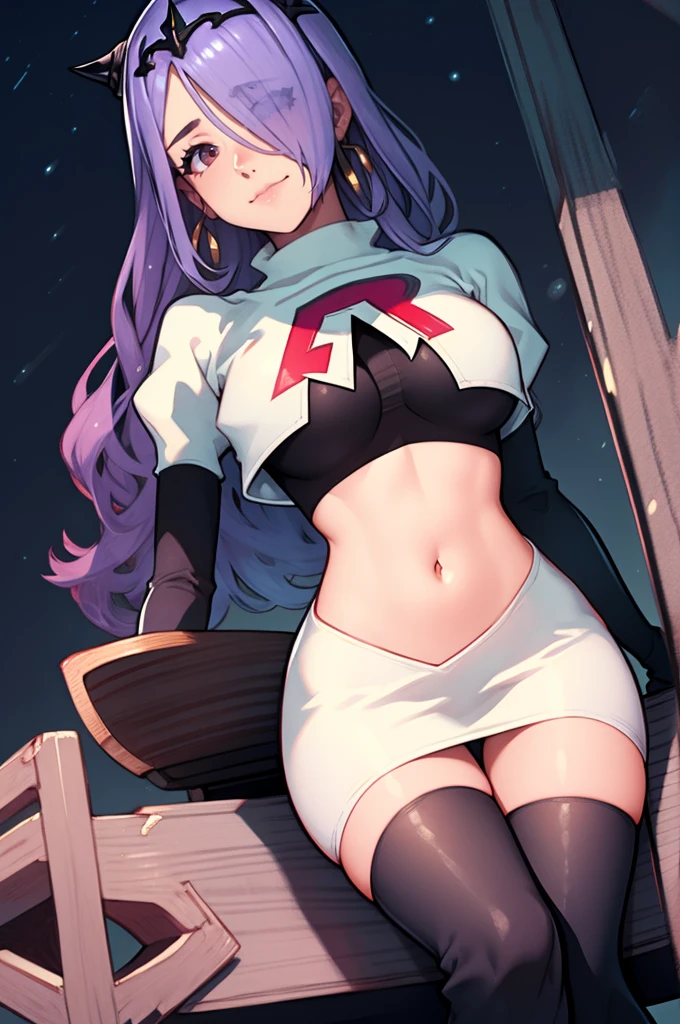 defCamilla, tiara, ,earrings ,lipstick, eye shadow, heavy makeup ,team rocket uniform, red letter R, white skirt,white crop top,black thigh-high boots, black elbow gloves, smile, looking down on viewer, sitting ,crossed legged, night sky background
