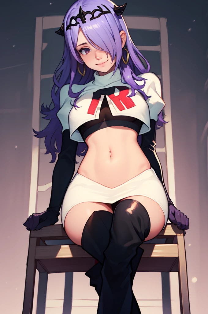 defCamilla, tiara, ,earrings ,lipstick, eye shadow, heavy makeup ,team rocket uniform, red letter R, white skirt,white crop top,black thigh-high boots, black elbow gloves, smile, looking down on viewer, sitting ,crossed legged, night sky background