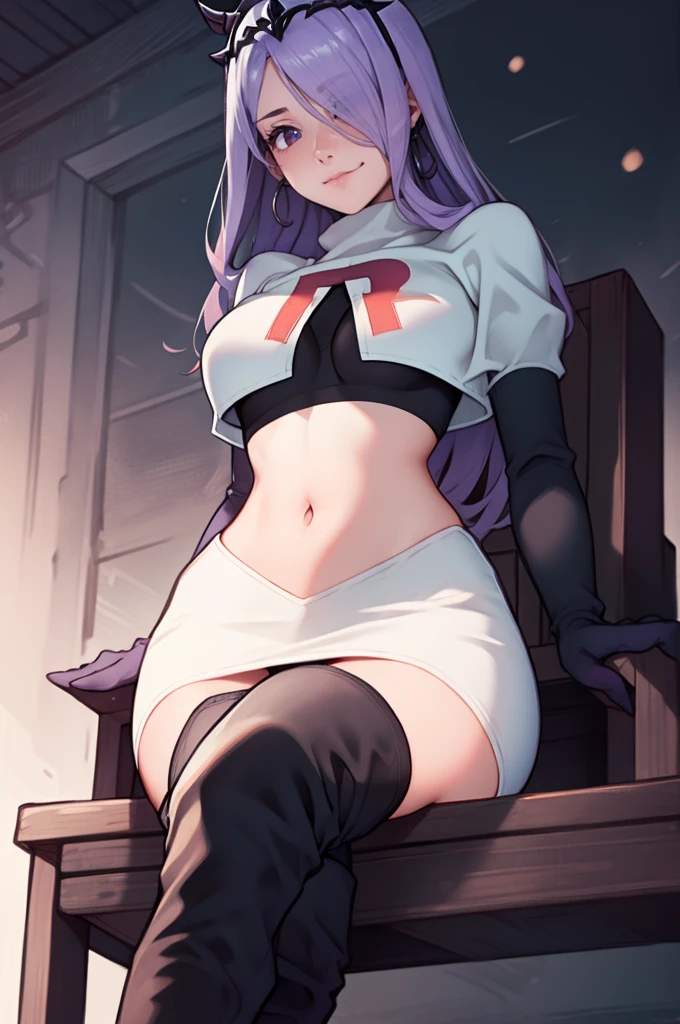 defCamilla, tiara, ,earrings ,lipstick, eye shadow, heavy makeup ,team rocket uniform, red letter R, white skirt,white crop top,black thigh-high boots, black elbow gloves, smile, looking down on viewer, sitting ,crossed legged, night sky background