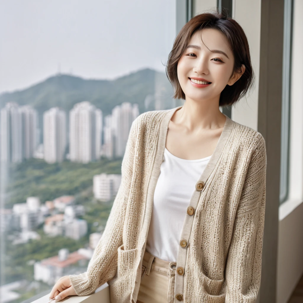 8k best picture quality, Beautiful 36-year-old Korean woman, The eyes are big, round and clear.. smile. short medium hair. Chest size 34 inches, Wearing a cardigan and beige jeans. Standing at the window of a luxury high-rise apartment, full body shot, Your eyes are big and pretty