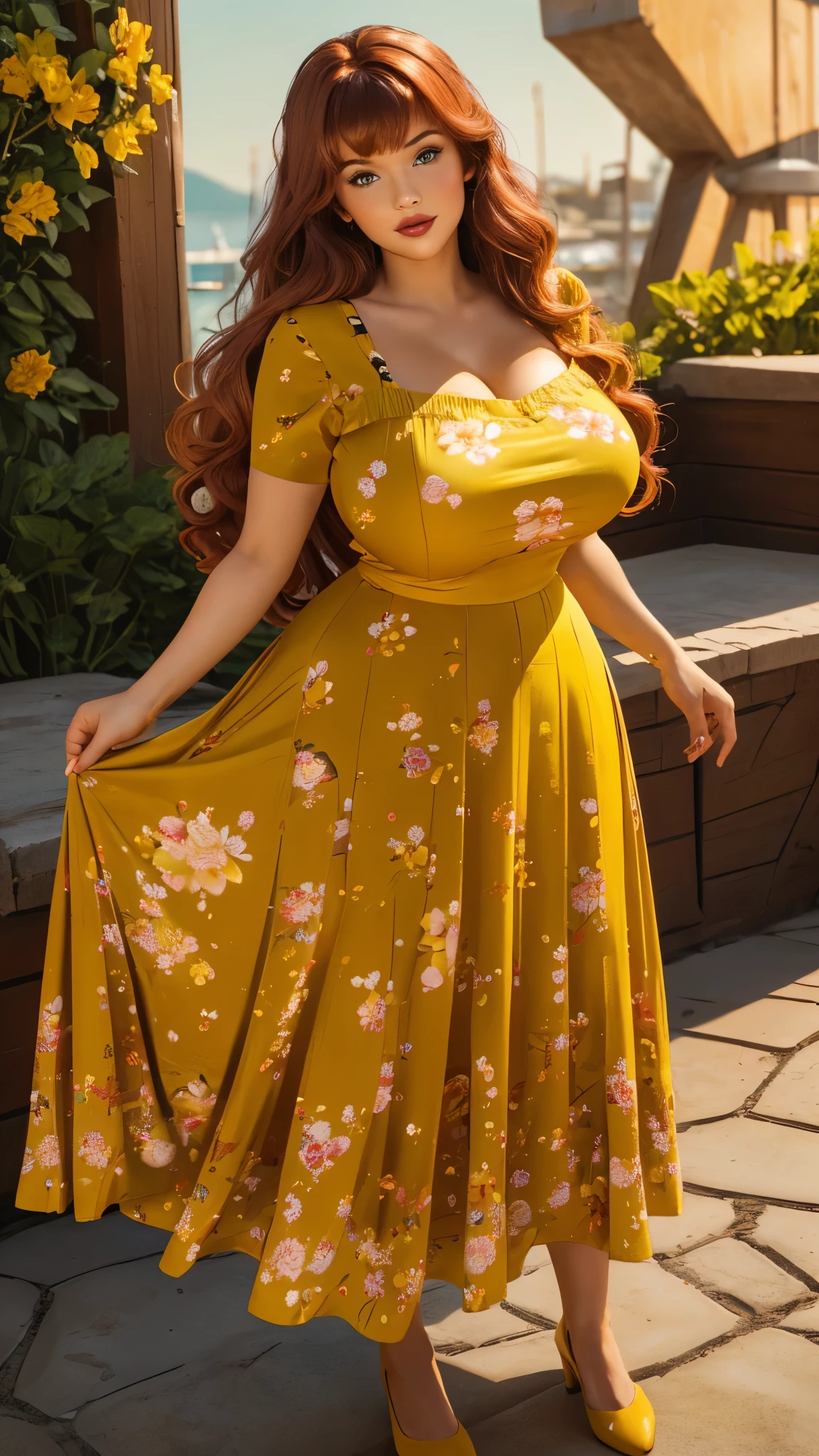 DisneyAurora, 27 years old, full body view Beautiful woman (((long wavy auburn hair, two side up with bangs))) defined body, voluptuous, sexy, cherry red lipstick, arms by her sides, hands free, mouth slightly open, standing facing camera ((( short sleeve floral print yellow dress, long skirt))), on a patio surrounded by fireworks exploding in the sky in the background, night (large_breasts:1.1) (curvy:1.1) (thick, chubby, 11p, cute)