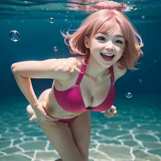 (stick out butt:1.3),(Pink Hair :1.3),Highest quality、8K、Ultra-high resolution、Clear photos、Professional Lighting、pretty girl、Baby Face、Round face、Round eyes、Very short hair、smile、Big Breasts、Large erect nipples、Ultra slim、Narrow waist、Delicate body、swim:1.8、プールでswim:1.6、Diving Underwater:1.8、diving:1.8、I'm wearing a competitive swimsuit:1.8、wear swimsuit:1.8、Shooting from underwater、Shooting from directly below:1.4、hair swaying like waves、Wet Hair:1.6、hair swaying like waves:1.6、Foam appears from the mouth:1.2、The bubbles dance:1.2