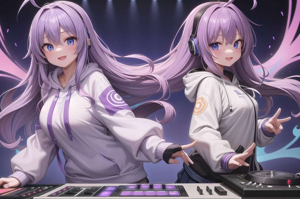 One girl, alone, 20-year-old, Blue Eyes, Purple Hair, Long, beautiful wavy hair, Ahoge, nice smile, White hoodie, Spectacular views, D Cup, Godley, headphone, Detailed DJ equipment, djing, masterpiece, Fine Fingers, 最high quality:1.4, high quality, detailed