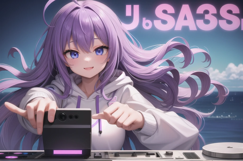 One girl, alone, 20-year-old, Blue Eyes, Purple Hair, Long, beautiful wavy hair, Ahoge, nice smile, White hoodie, Spectacular views, D Cup, Godley, headphone, Detailed DJ equipment, djing, masterpiece, Fine Fingers, 最high quality:1.4, high quality, detailed