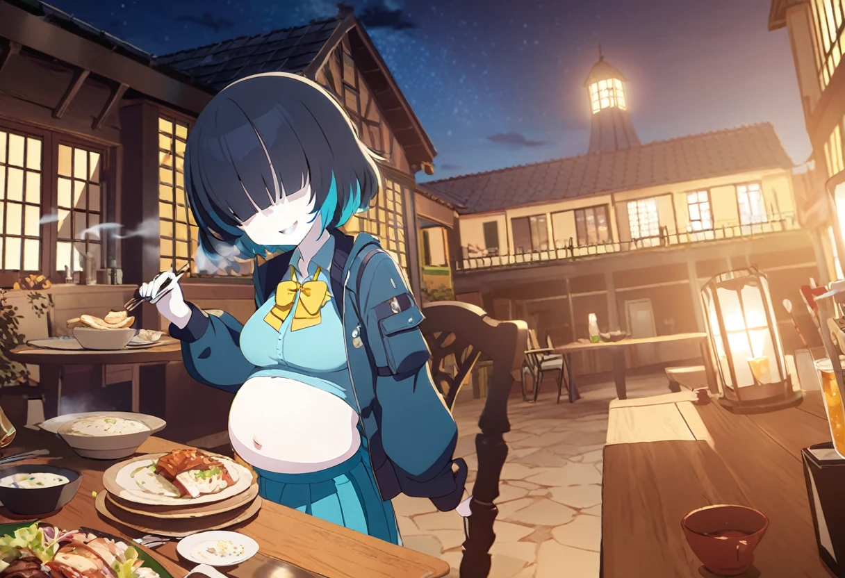 1girl, , turquoise vest, collared shirt, yellow bowtie, open jacket, blue skirt, black-framed eyewear, pleated skirt, black hair, turquoise bangs, very short hair, hair over eyes, pale skin, medium breasts, turquoise eye, smile, country house, slightly large belly, eatinng smoked shank, dinner at night, table, (masterpiece), best quality, anime style, full body