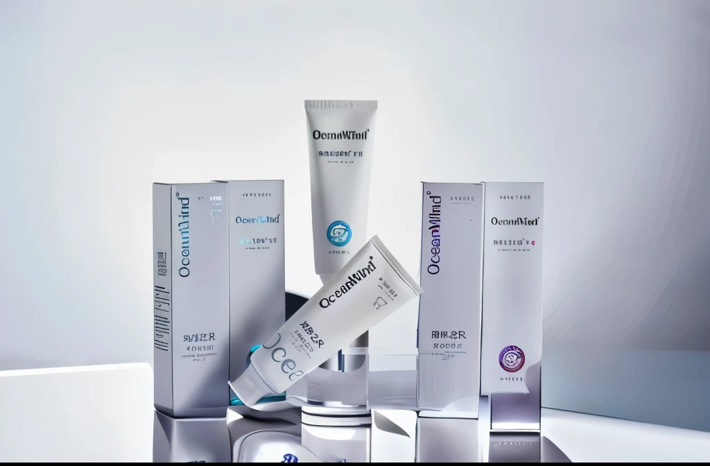 Close ups of a group of different types of skincare products, product introduction photos, water reflection, mirrored products, sparkling waves, collectibles, commercial product photo graphs, high-quality partial rendering, product photography, professional product photos, product images, product photo graphs