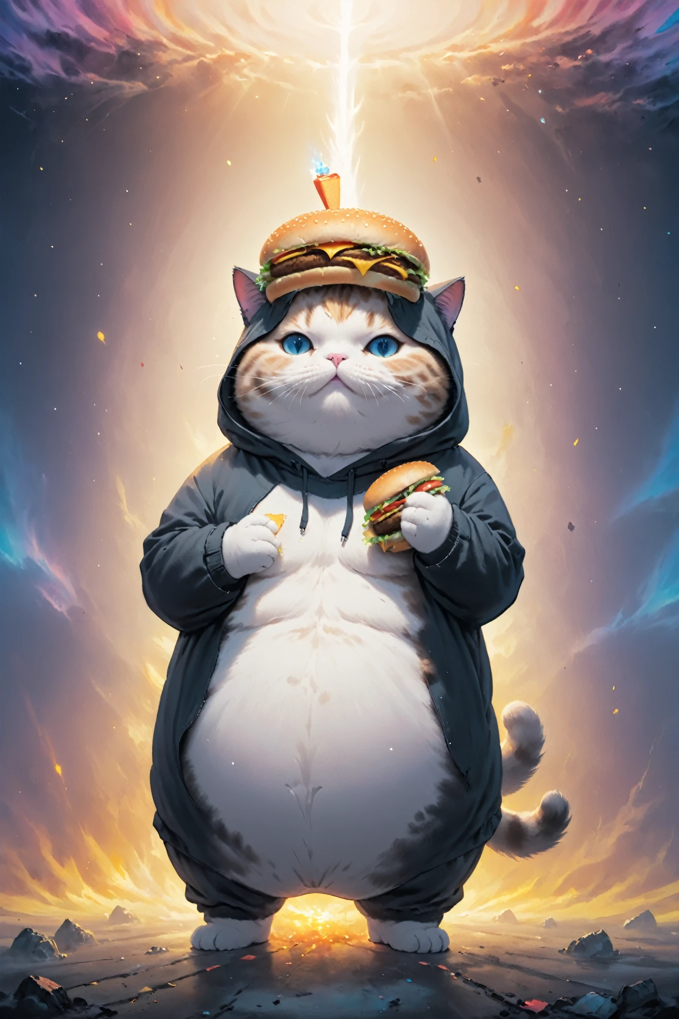 cosmic canvas,(dystopian background:1.3), flawless, clean, masterpiece, painting of a chubby cat, wearing hoodie, holding burger, light fog,   