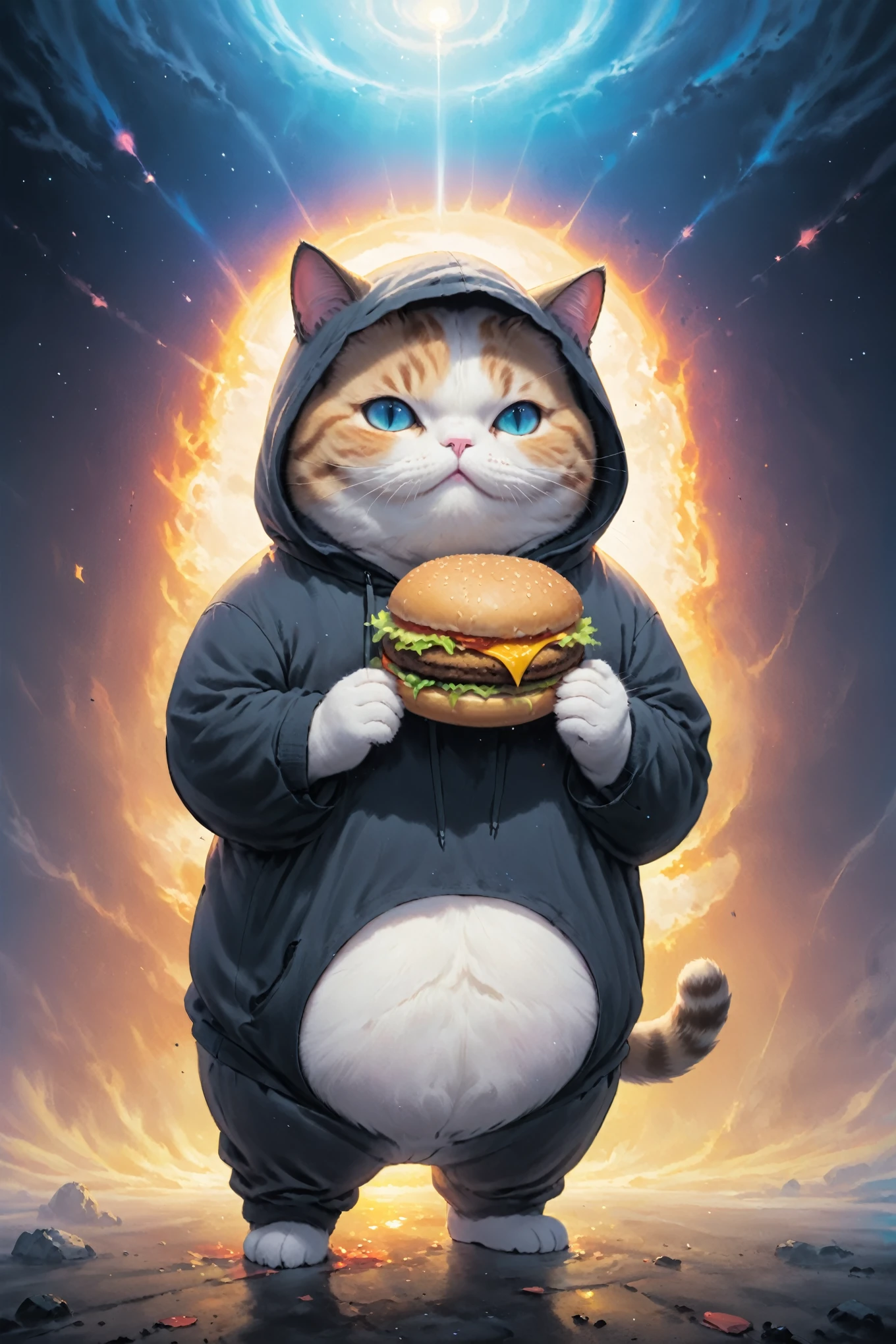 cosmic canvas,(dystopian background:1.3), flawless, clean, masterpiece, painting of a chubby cat, wearing hoodie, holding burger, light fog,   