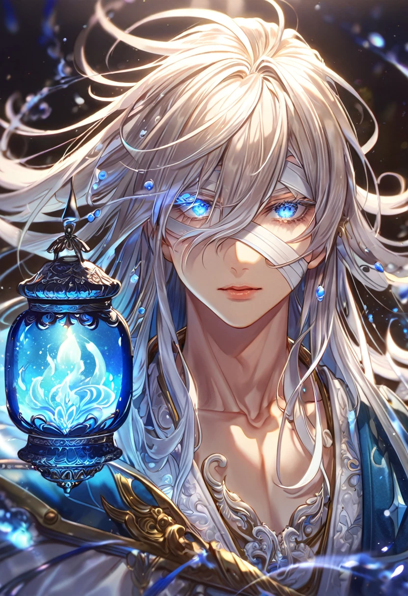 absurdres, highres, ultra detailed, HDR, master piece, best quality, extremely detailed face, delicated features, Gojou Saoru, untamed spiky hair, white hair, long hair, hair between the eyes, bandages over the eyes, Thousand Years War, solo, sexy man, handsome, blue haori, white fantasy robes, blue moon, water, fantasy, magic, envy magical, blue dust, blue lanterns, blue fire, blue floating round lights