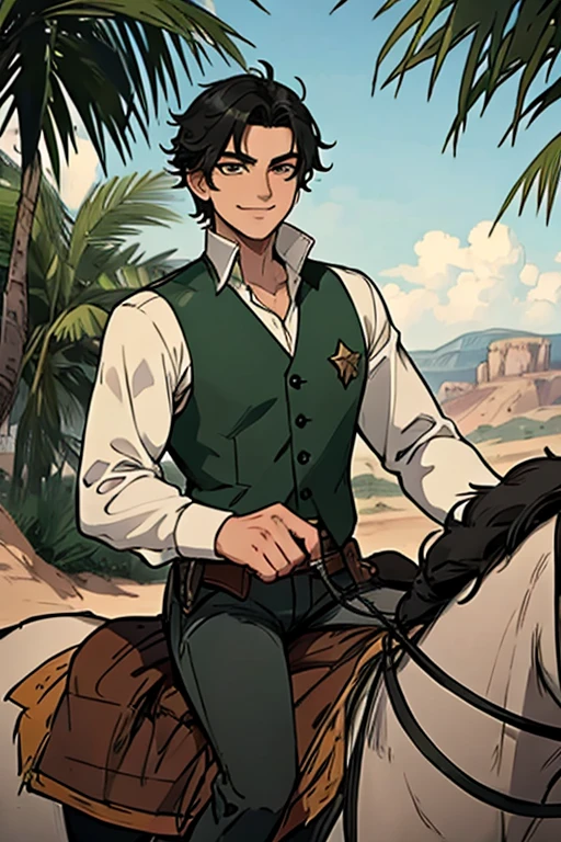 Perfect face, Perfect hands. A black haired male cowboy with green eyes in a sheriff's outfit is riding a horse in the desert with a big smile