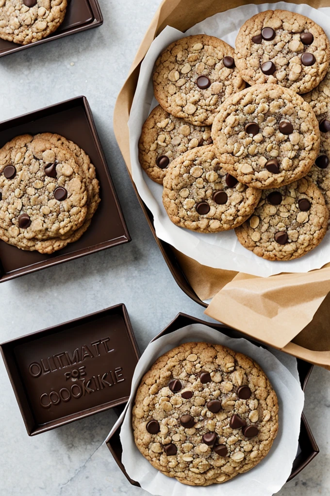 Oatmeal crumble cookie with a pretty chocolate design and a box of cookies next to it