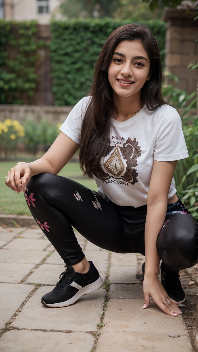 21 yo women Ananya Pandey wearing  embroidery printed chocolate tshirt black jeggings body fit clothes garden full body ((Bant knee photography poses)) sweet smile  perfect anatomy realistic realism ultra detailed eye ultra detailed face 8k