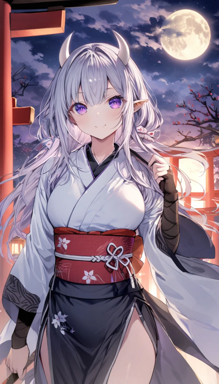 Long silver hair, Smile Torii セクシー

, black ninja, full moon, purple eyes, white horns